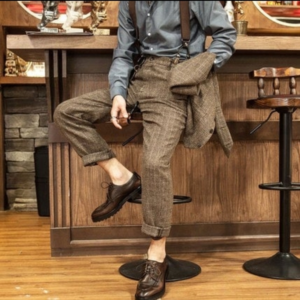 Vintage British retro plaid slim straight business suit pants